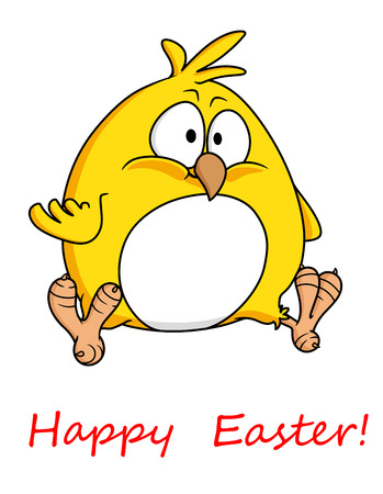 Cartoon vector illustration on white of a cute fat yellow little Easter chicken wishing you Happy Easter in a greeting card designのイラスト素材