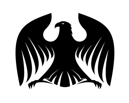 Stylized powerful black eagle silhouette with outspread wings and claws and his head turned sideways for heraldry designのイラスト素材