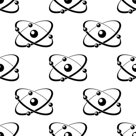 Seamless black and white pattern of orbiting atoms around a nucleus making elliptical orbits in a scientific conceptのイラスト素材