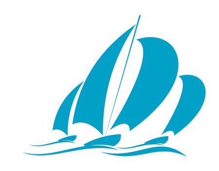 Doodle sketch of ocean yachting in a yacht with several sails racing over the surface of the water in blue on whiteのイラスト素材