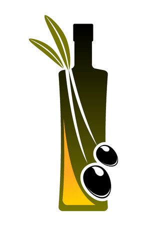 Olive oil icon with a bottle and two fresh black olives with leaves のイラスト素材
