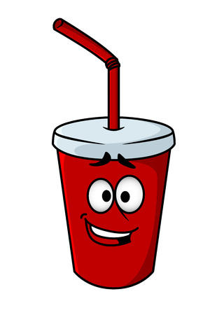 Cartoon takeaway soda in a colourful red mug with a straw and happy smiling faceのイラスト素材