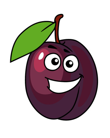 Juicy purple cartoon plum with a happy smile and single green leafのイラスト素材