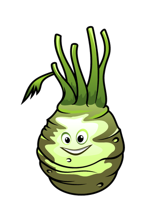 Healthy fresh green cartoon kohlrabi vegetable with a happy smile and bunch of green stalksのイラスト素材