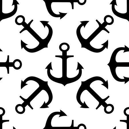 Black and white silhouette seamless pattern of ships anchors in a random arrangement in square formatのイラスト素材