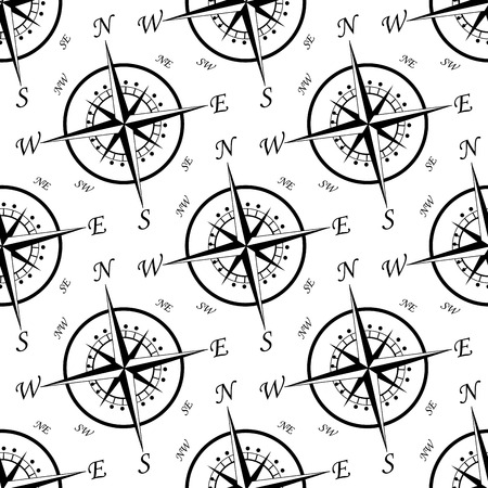 Black and white vintage compass seamless pattern with a star design and angled repeat motif with the points of the compass on a circular baseのイラスト素材