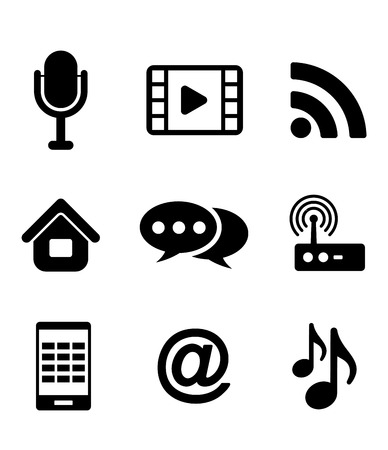 Communications and multimedia  icons with a microphone, wifi, web, film, video, tablet, network and music notesのイラスト素材