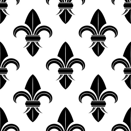 Black and white fleur de lys pattern with a stylized spatulate vintage style motif in a repeat seamless pattern in square formatのイラスト素材