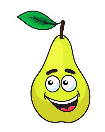Happy grinning ripe pear fruit with a toothy smile and single green leaf, cartoon illustration isolated on whiteのイラスト素材