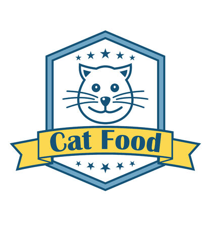 Cat food label with the head of a smiling happy cat in a hexagonal frame with a ribbon banner with the wordsのイラスト素材