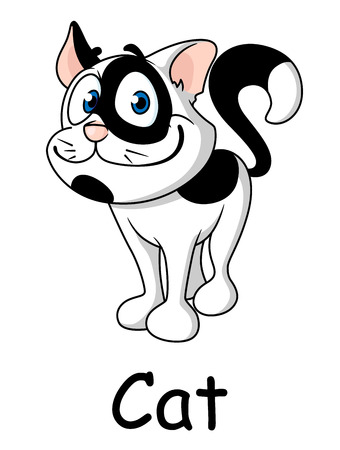 Cute cartoon cat with black and white markings and a pleased happy smileのイラスト素材