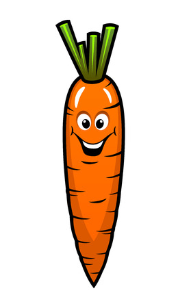 Fresh orange carrot vegetable with a smiling face and tuft of green on top, cartoon illustrationのイラスト素材
