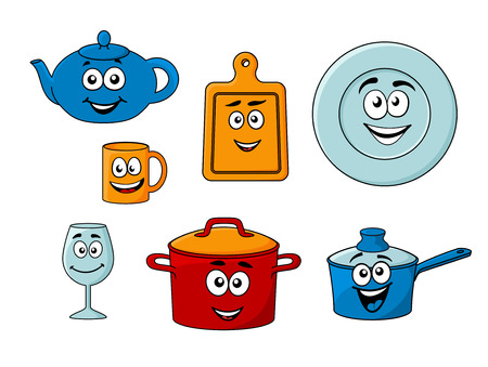 Collection of cartoon kitchenware with a teapot, bread board, plate, mug, wineglass, pot and saucepan isolated on whiteのイラスト素材