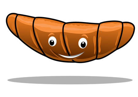 Funny bouncing golden croissant with a big happy smile and shadow, cartoon illustration isolated on whiteのイラスト素材