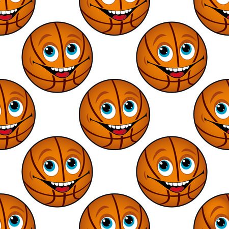 Seamless background pattern of a happy cartoon basketball with blue eyes and a toothy smile in square format suitable for textile or wallpaperのイラスト素材