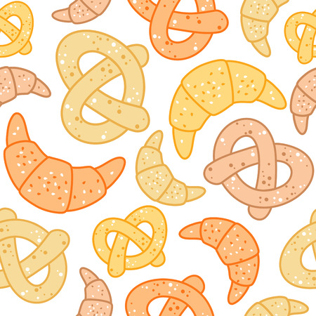 Seamless background pattern of freshly baked pretzels and croissants in square formatのイラスト素材