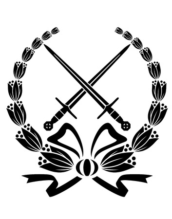 Black and white floral wreath with crossed swords and a swirling ribbon for heraldry designのイラスト素材