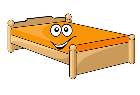Comfortable cartoon bed with a colorful orange mattress with a happy smiling face isolated on whiteのイラスト素材