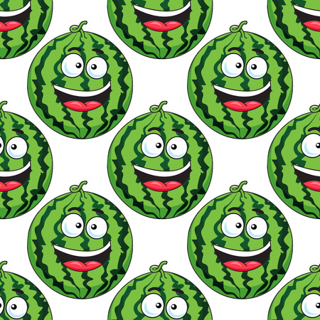Seamless background pattern of a cute cartoon green laughing watermelon in square format suitable for fabric or wallpaper designのイラスト素材