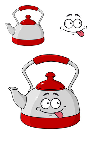Cartoon kettle with a happy smiling face and red lid and handle isolated on whiteのイラスト素材