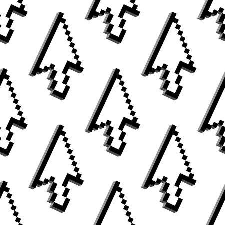 Seamless black and white pixel arrow pattern with a repeat motif in square format