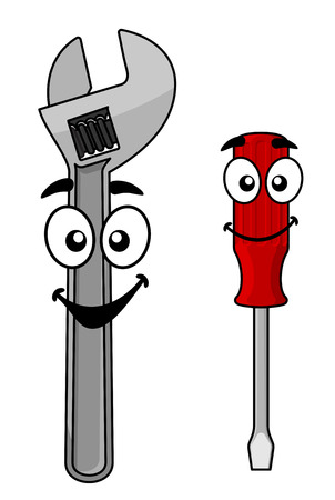 Cute cartoon adjustable wrench spanner and red handled screw driver with happy faces, vector illustration isolated on whiteのイラスト素材