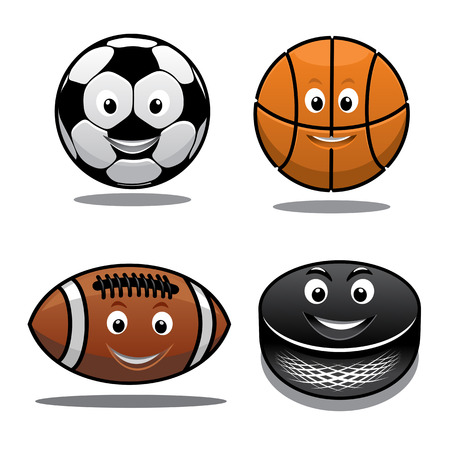Set of sports equipment icons with a happy smiling soccer ball, basketball, football and hockey puck in cartoon styleのイラスト素材
