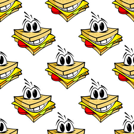 Happy cartoon cheese sandwich seamless pattern with with a big toothy grin and protruding eyes, square format for fast food designのイラスト素材