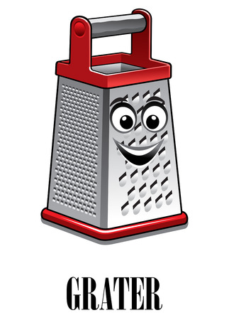 Cartoon stainless steel kitchen grater with red trim and a big happy smile, vector illustration isolated on whiteのイラスト素材