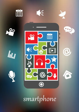 Smart phone display with multimedia icons for mail, speech, movie, music, photography, download, messaging, calendar and audio depicting its many functions and capabilitiesのイラスト素材