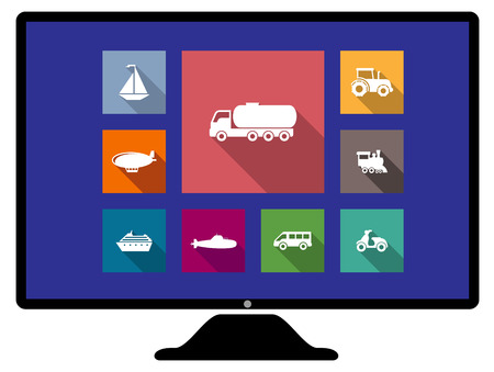 Set of flat transport icons on a computer monitor on colorful web buttons, with a sailboat, truck, tractor, blimp, train engine, van, scooter, cruise liner and hot air balloonのイラスト素材