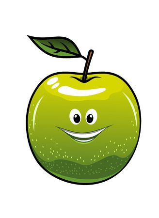 Healthy fresh green cartoon apple with a single leaf and happy smiling face, vector illustration isolated on whiteのイラスト素材