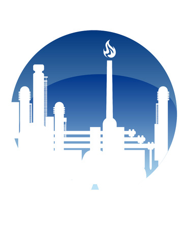 Industry and fuel refinery icon with a petrochemical plant with a burning flame in a white silhouette in a blue circle conceptual of power and energyのイラスト素材