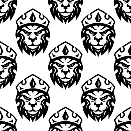 Seamless black and white pattern of a crowned royal lion or heraldic icon in square formatのイラスト素材