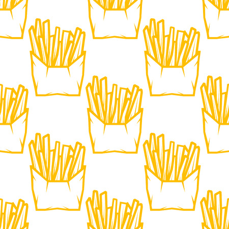 Seamless pattern of boxes of takeaway French fries in a golden outline in square formatのイラスト素材