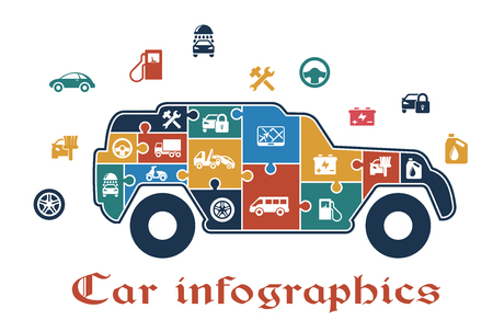 Colorful puzzle car infographic with the shape of an SUV filled with icons depicting fuel, tools, wheel, travel, battery, oil, security, sedan, pump and van which also surround the car on the outsideのイラスト素材