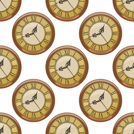 Seamless pattern of round vintage clocks with old fashioned dials and Roman numerals in a repeat motif in square formatのイラスト素材
