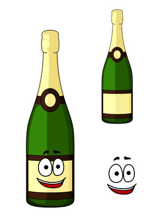 Happy festive green bottle of luxury champagne with a golden cap and happy smiling face with a second bottle with a blank label, cartoon  illustration isolated on whiteのイラスト素材