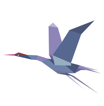 Elegant origami flying crane or heron in shades of blue with outstretched wings, isolated on white backgroundのイラスト素材