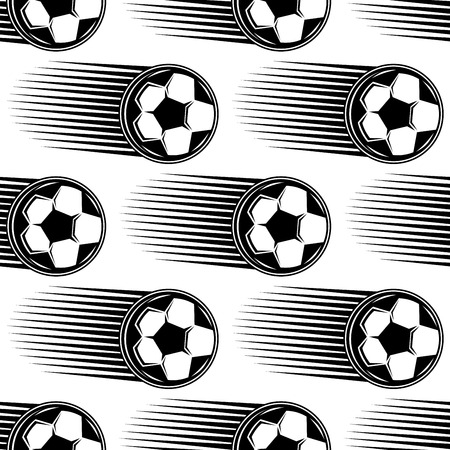 Speeding black and white soccer ball seamless pattern with motion trails behind the ball in square format for sports designのイラスト素材