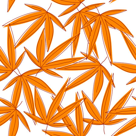 Seamless seasonal background with random orange withered stylized leaves, on white backgroundのイラスト素材