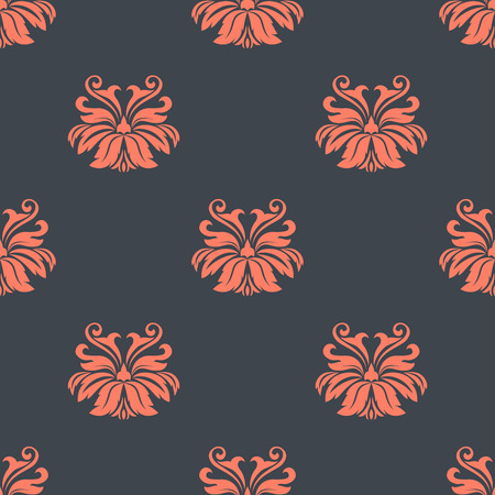 Dainty vintage damask style pattern with floral motifs in an salmon pink on a dark grey ground, seamless patternのイラスト素材