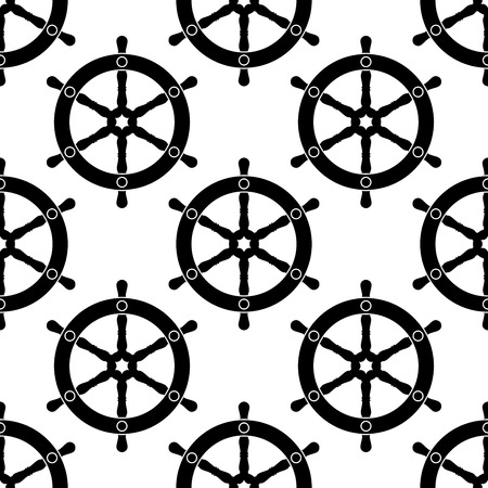 Vintage ships wheel seamless pattern for a nautical theme, black and white vector illustrationのイラスト素材