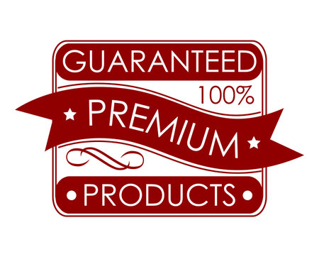 Guaranteed premium products label with text in a rectangular chamfered frame with a ribbon banner in red and whiteのイラスト素材