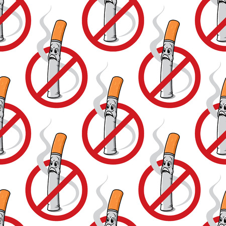 No Smoking seamless background pattern with a cigarette with wafting smoke inside a circular red banned icon in a repeat motif in square formatのイラスト素材