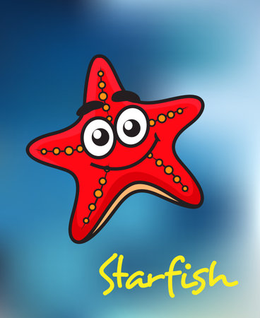 Happy little red cartoon starfish with a wide friendly smile on a underwater blue backgroundのイラスト素材