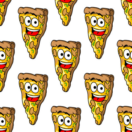 Seamless pattern of mushroom cartoon pizza  slices with melted cheese and a happy smiling face in square formatのイラスト素材