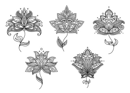 Ornate calligraphic black and white floral motifs in Persian paisley style for design isolated on white backgroundのイラスト素材