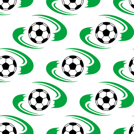 Soccer ball or football seamless pattern with flowing green lines depicting the field on either side of each ballのイラスト素材