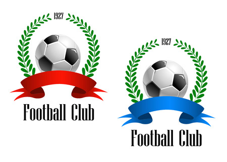 Football Club label established in 1927 with a foliate wreath enclosing football or soccer ball with red and blue ribbons. Text "Football Club" at the foot of the design.のイラスト素材